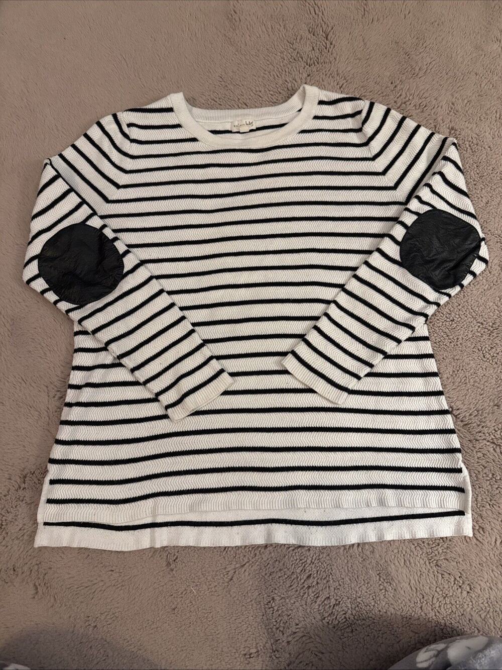 Maison Jules Women Sweater Size L Cream Preppy Black Stripe Long Sleeve Knit Top